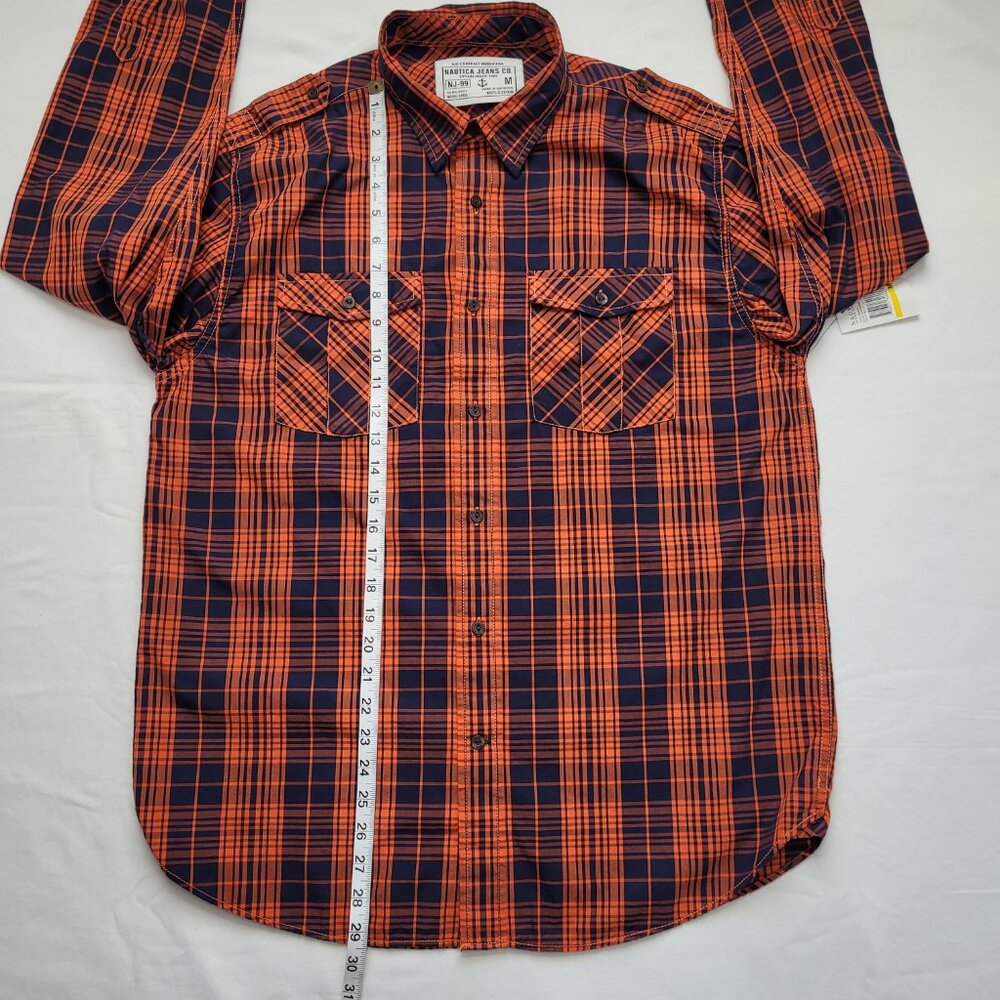 Nautica Jeans Co. Mens Plaid Flannel Button Down Shirt Medium Orange Navy NEW - Picture 8 of 10